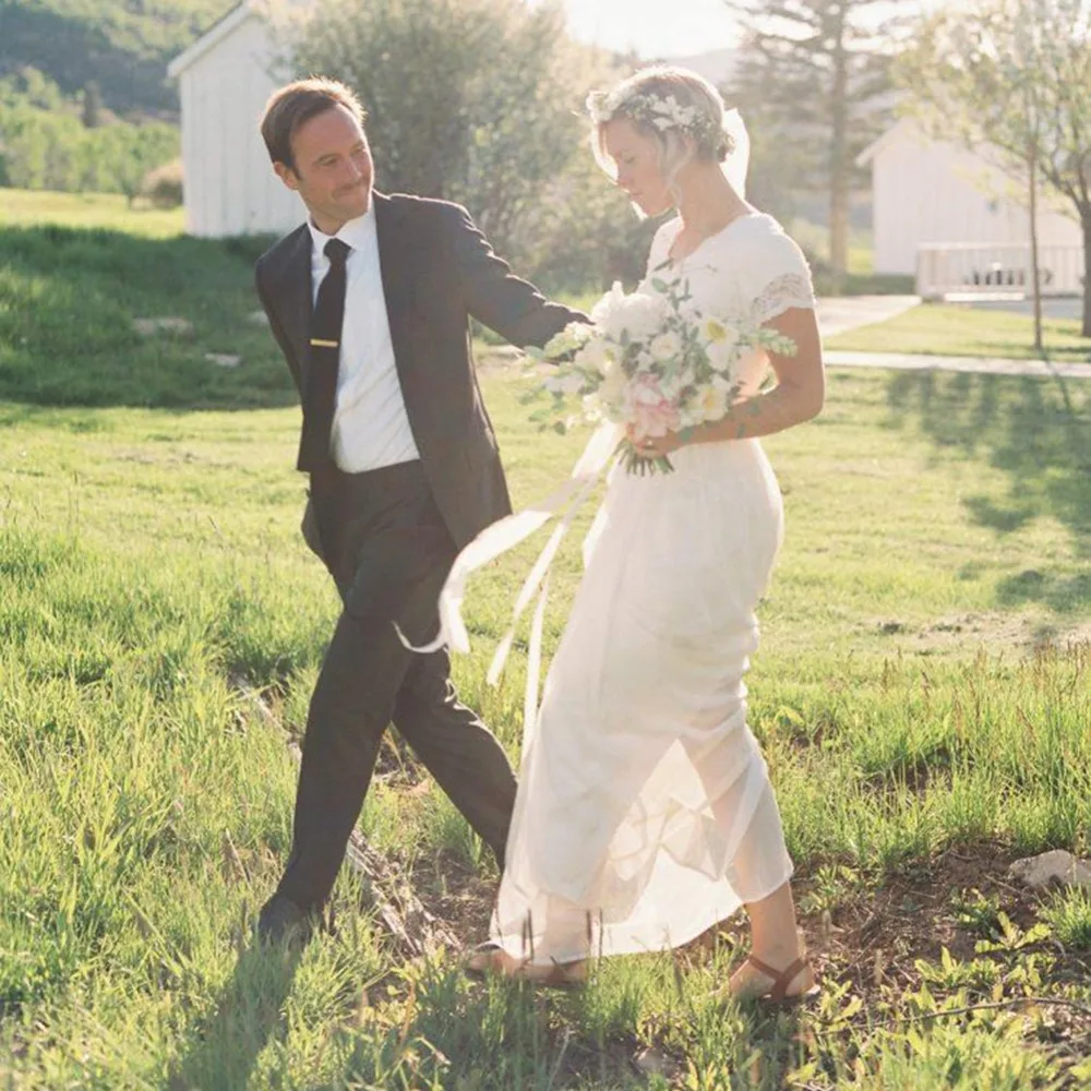 ТРАПЕЦИЕВИДНОЕ кружевное шифоновое скромное свадебное платье с короткими рукавами и v-образным вырезом, Женские Простые Свадебные платья с рукавами, свадебное платье
