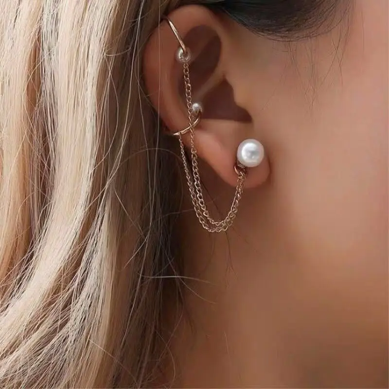 

GEOMEE 1PC Personality Imitation Pearl Tassel Stud Earrings European Women Trendy Gold Color Long Chain Earrings Jewelry E177