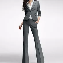 Для женщин брюки и штаны серого цвета с рисунком тонкий Бизнес Женская обувь в деловом стиле; Форма женские деловые брюки костюм Расклешенные к низу штаны смокинг на заказ W129