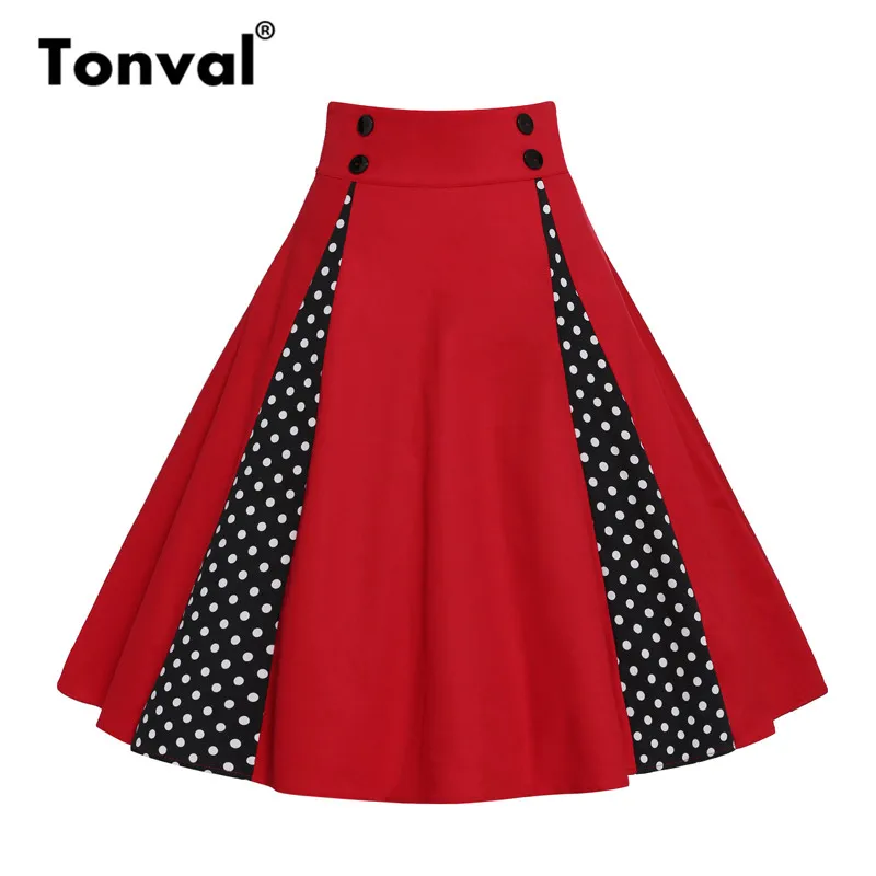 

Tonval Polka Dot Contrast Vintage Red Midi Skirt Decorative Button A Line Skirts Women High Waist Retro Summer Skirt