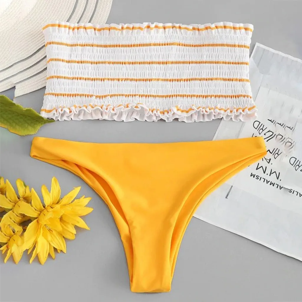 

2PC Women Sexy Swimwear Bikini Suit Stripe Elastic Push-Up Padded Bathing Beachwear Suit Ladies Girls Summer Beach Bikini Sets