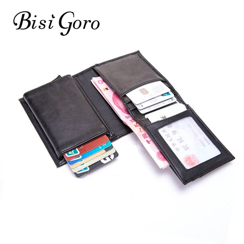 

BISI GORO 2020 RFID Business Card Holder Blocking Wallet Aluminium Box PU Leather Automatic Metal Wallet Credit Card for Travel