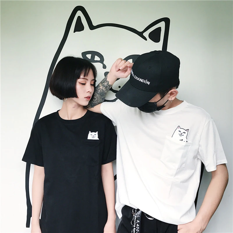

New Summer Women's T-Shirt Pocket Cat Print Harajuku Couple Tops Short Sleeve T-Shirt Sweet Style Casual T-Shirt Top