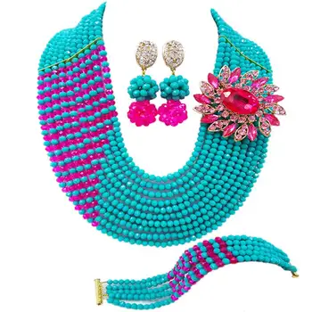 

Popular Aqua Blue Fuchsia Pink Nigerian Wedding Beads Women Crystal Jewelry Sets 10C-CJZ-01