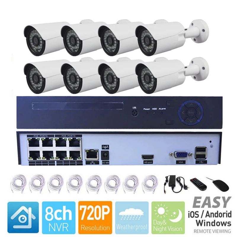 

1MP 8CH Security System Camera HD 720P NVR Kit With 8PCS 3.6mm 36LED Outdoor Bullet Onvif POE IP Camera IR Night Vision CCTV Kit