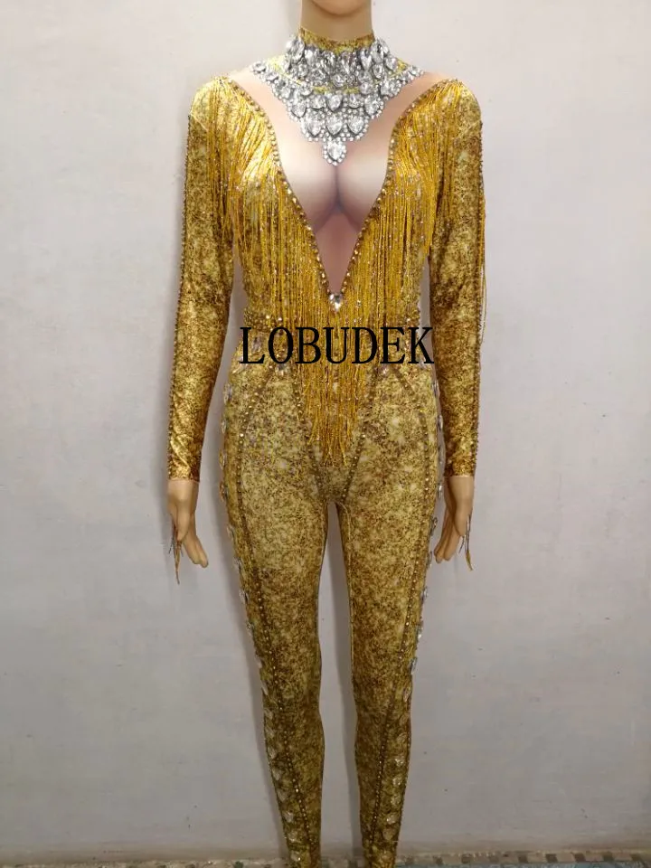 Chanteur 2019 Vêtements Femmes Salopette Outfit Performance D'étape Strass Discothèque Bar Usage Glands Sexy D'anniversaire Or Hôte Show 1rq1xwzf