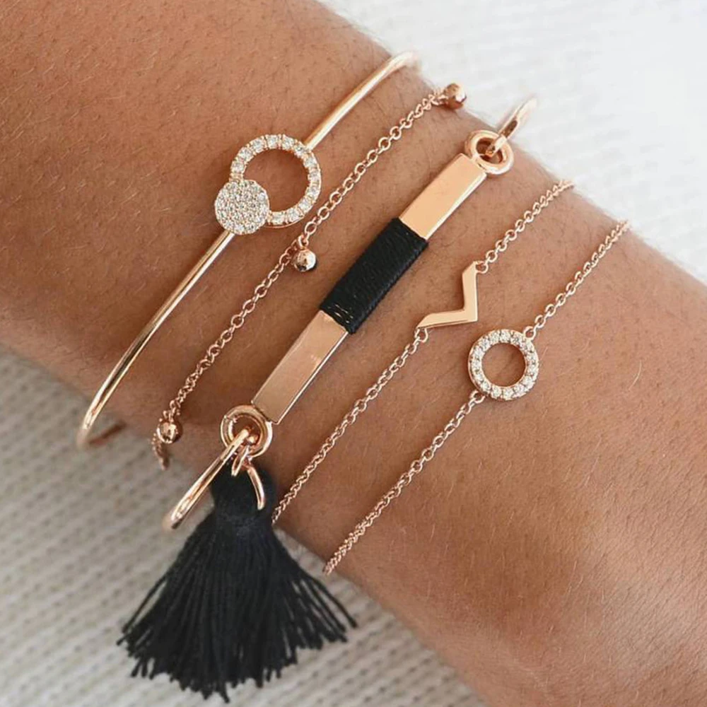 

5 Pcs/set Bohemian Retro Crystal Circle Geometry Tassel Pendant Bracelet Set Women Charm Party Jewelry Accessories Drop Shipping