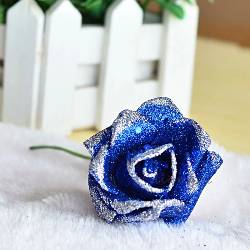 Single Branch Blue Enchantress Artificial Roses Glitter Flowers
