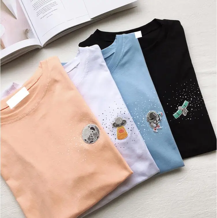 

Space cute cartoon embroidery summer loose round neck short sleeve T-shirt