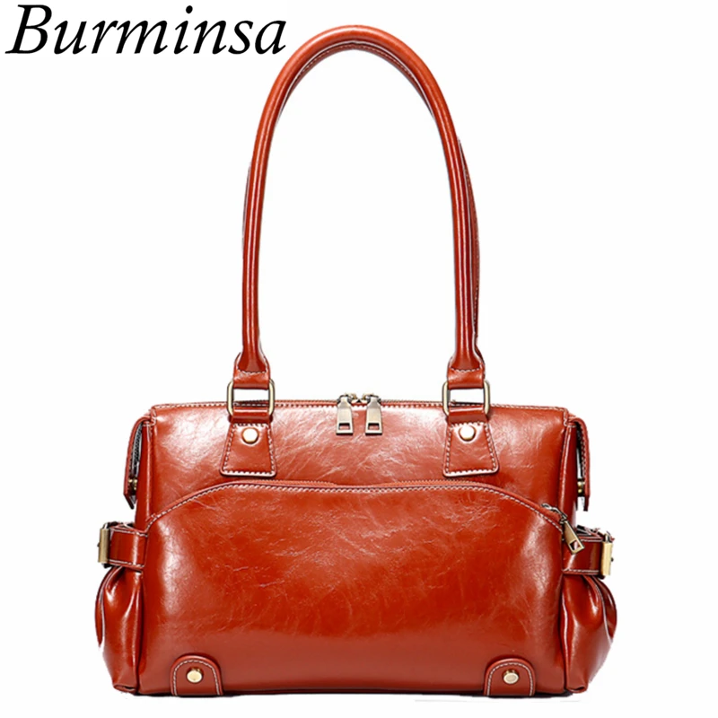 

Burminsa Chic Boston Genuine Leather Handbags Women Big Tote Bags Vintage Oil Wax Leather Female Shoulder Bags 2019 Sac A Main