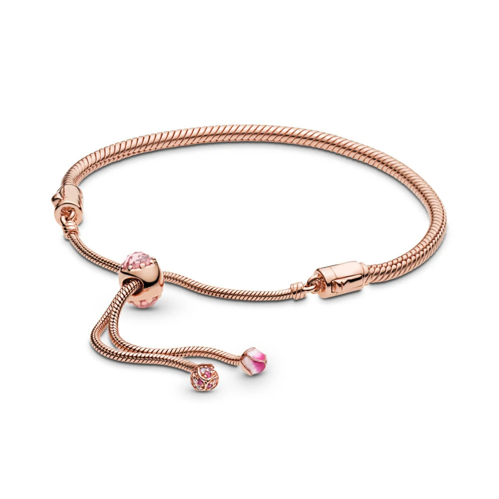 

100% 925 Sterling Silver Peach Blossom Sliding Bracelet Moments Bracelet Rose Flower Bracelet Fit Original Charms Diy Jewelry