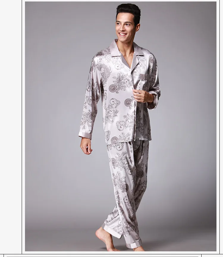 Мужская атласная Шелковая пижама с длинными рукавами из искусственного шелка, Пижамный костюм для мужчин, свободная Ночная Пижама с принтом пейсли, комплект из 2 предметов для мужчин