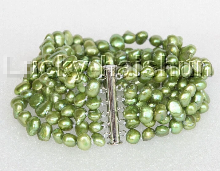 

Free shipping >>>>>>8" 8mm 6row Baroque green FW pearls bracelet magnet clasp j11134