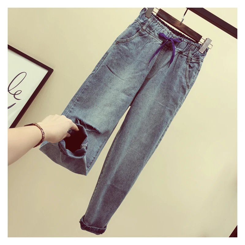 Джинсы трусики женщины весна-осень vestidos 2018 новые тонкие штаны Гарун Высокая талия свободные прямые джинсы отверстие женский Y1547