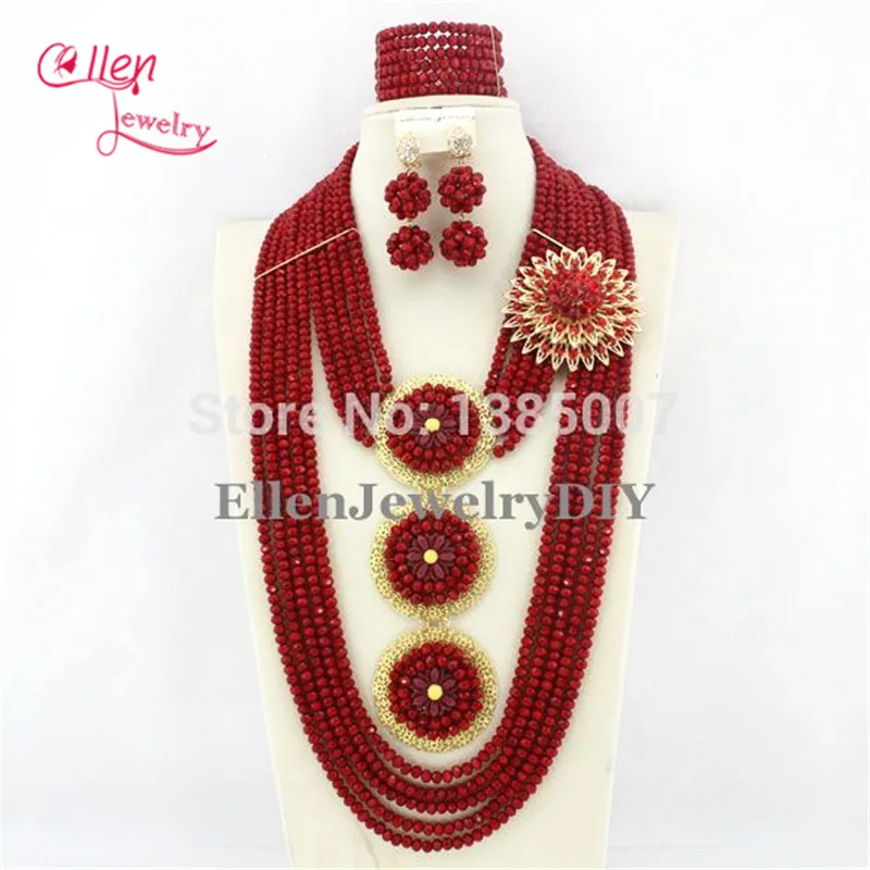 

Red Nigerian African Wedding Beads Jewelry Set Crystal Beads Necklace Set African Jewelry Set Crystal Jewelry Set E1199