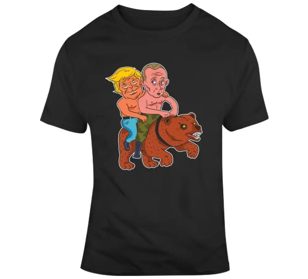 

Trump Putin Riding A Bear Russia America Usa Funny T-shirt Summer Casual Man T Shirt Good Quality