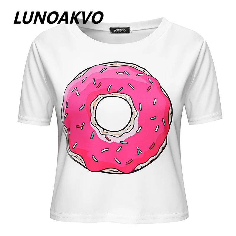 

New Fashion Summer Women T-Shirt Short Sleeve Round Neck Donut Printed Cute Top Short Slim Casual Tops