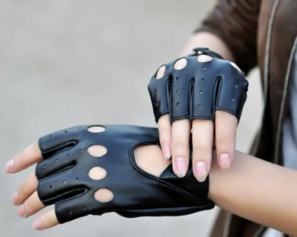 Модные перчатки без пальцев вождения Для женщин перчатки из искусственной кожи перчатки без пальцев для женский, черный