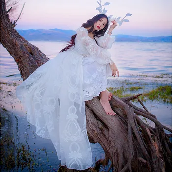 

2019 Spring Original Design V-neck Embroidery Lace Long-sleeved White Dress Women's White Elegant Slim Maxi Dresses