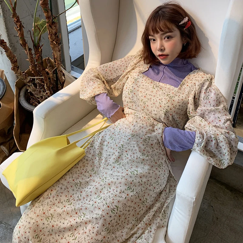

Spring Summer Square Neck Little Flower Dress a Line Puff Sleeve Retro Dress Long Robe Longue Vestido Largo Vestiti Lunga