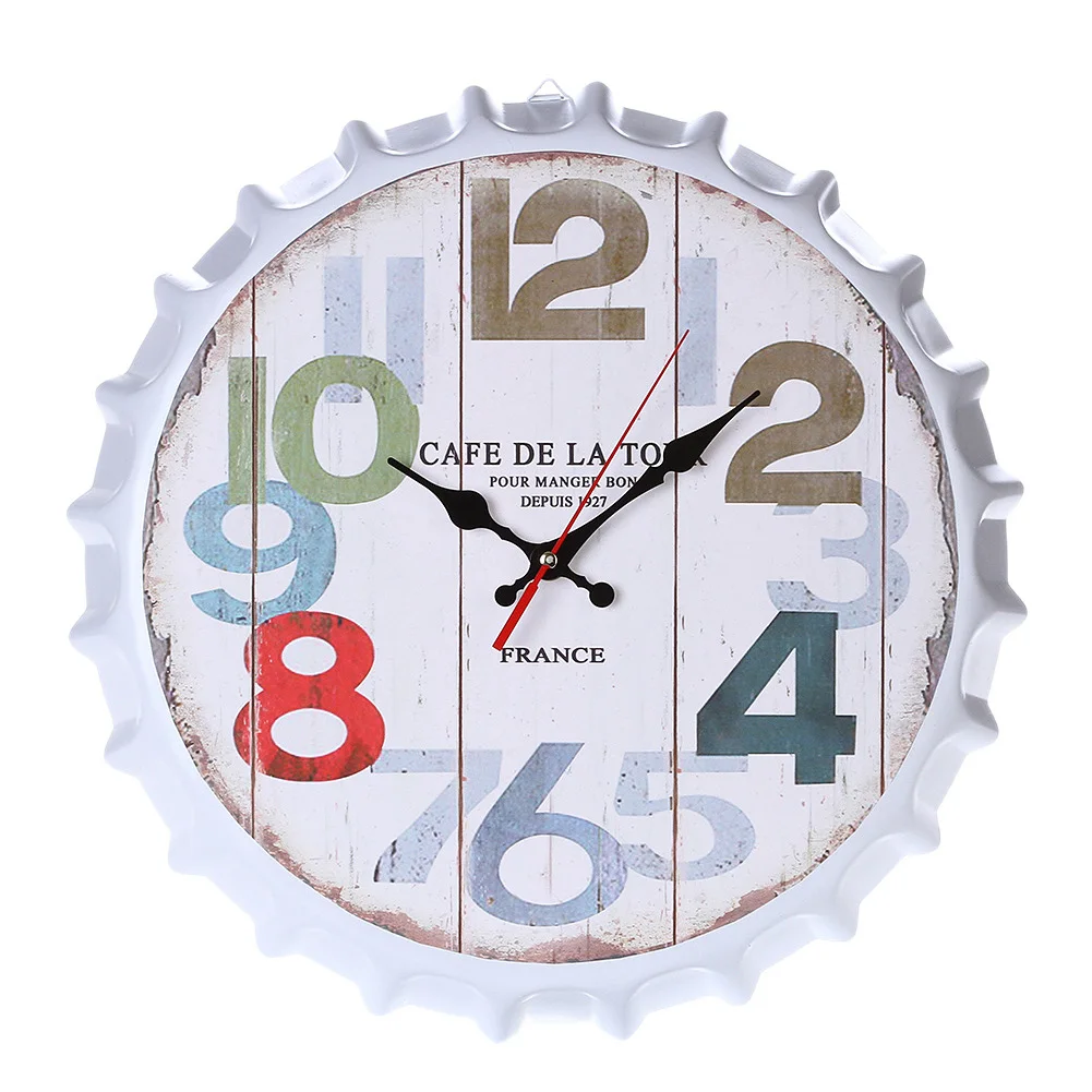 

Home Bottle Cap Fashion Decorative Vintage Exquisite Iron Bedroom Wall Clock Gift Hanging Pointer Mute Indoor