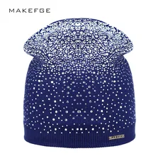 Women’s Winter Hat Knitted Wool Beanie Female Fashion Skullies Casual Outdoor Mask Ski Caps Thick Warm Hats for Rhinestones Hat