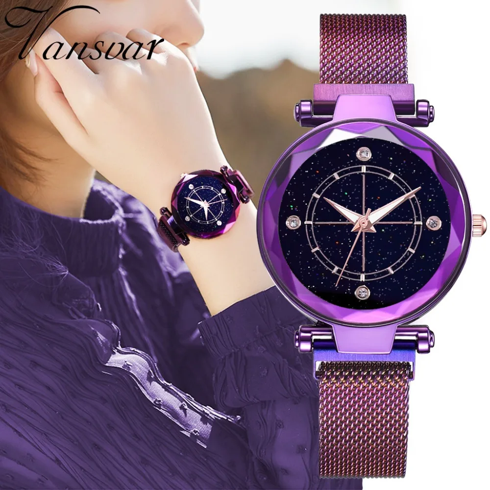 

Hot Sale Women Watches New Luxury Purple Ladies Magnetic Starry Sky Wrist Watch Fashion Diamond Quartz Waterproof Female Clock