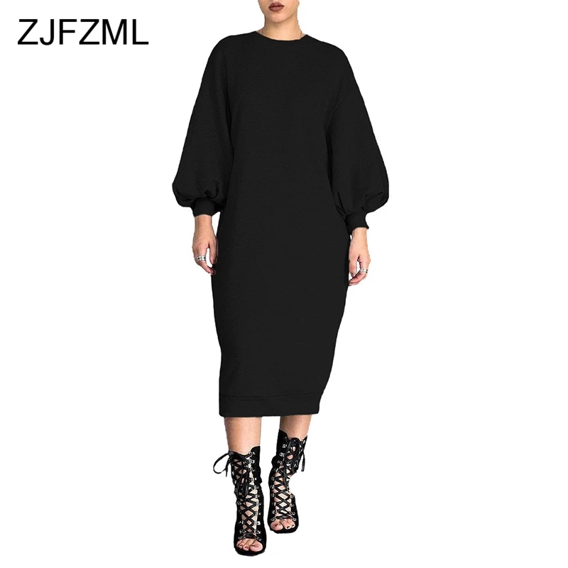 

Puff Sleeve Casual Hoodie Dress 2018 Women Black Round Neck Long Sleeve Sweatshirt Dress Autumn Winter Warm Grey Plus Size Dress