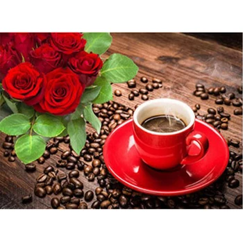 

5D DIY Diamond Painting Cross Stitch Kit Mosaic Painting Full Diamond Embroidery Coffee Cup and Flower Rose Wedding Decoration