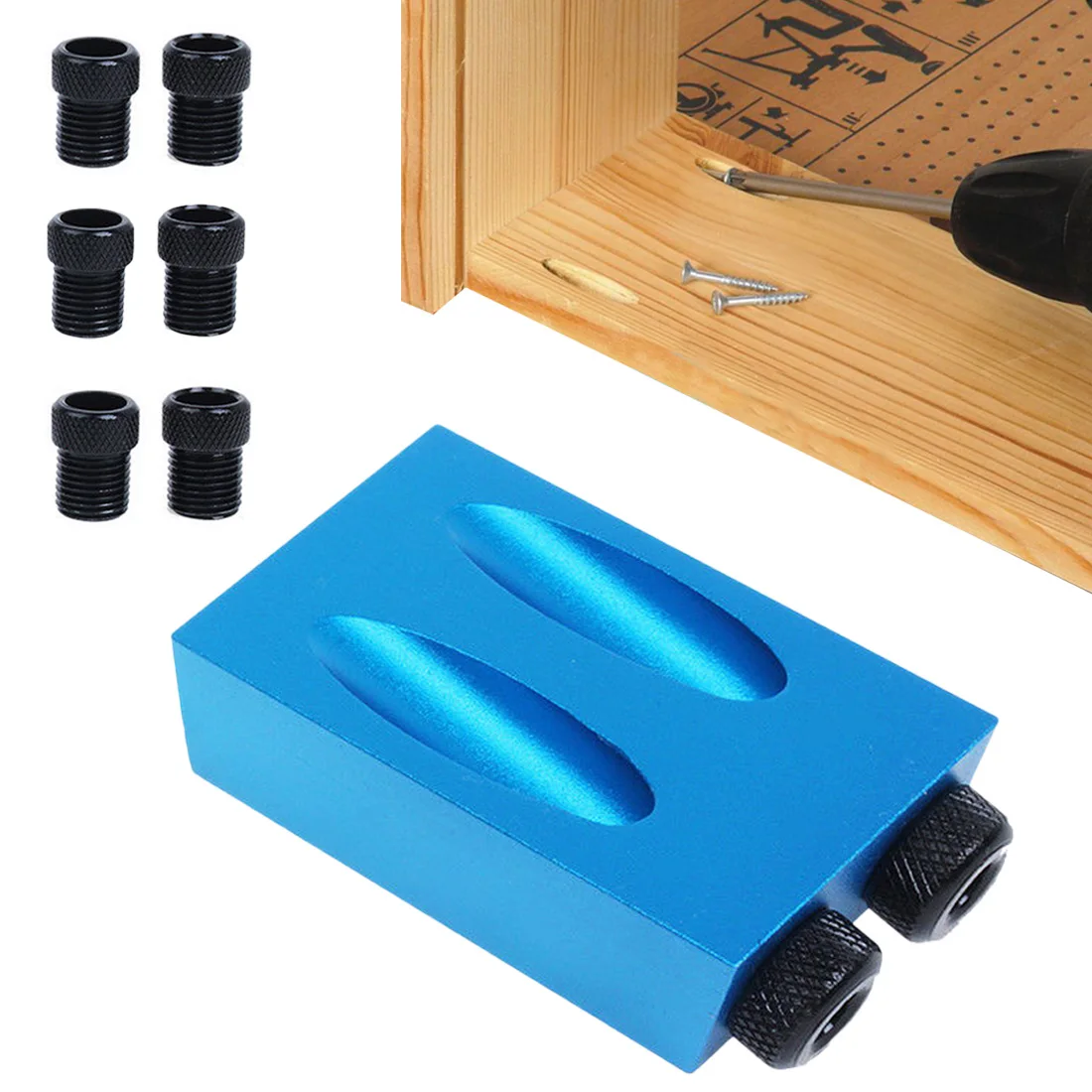  6Pcs/Set Pocket Hole Jig Kit 6/8/10mm Drive Adapter for Woodworking Angle Drilling Holes Guide Dowe