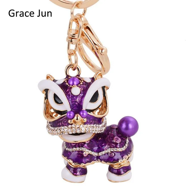

High Quality Gold Color Rhinestone Crystal Chinese Lion Dance Enamel Keychain Keyring Car Key Chain Holder Handbag Pendant Gift