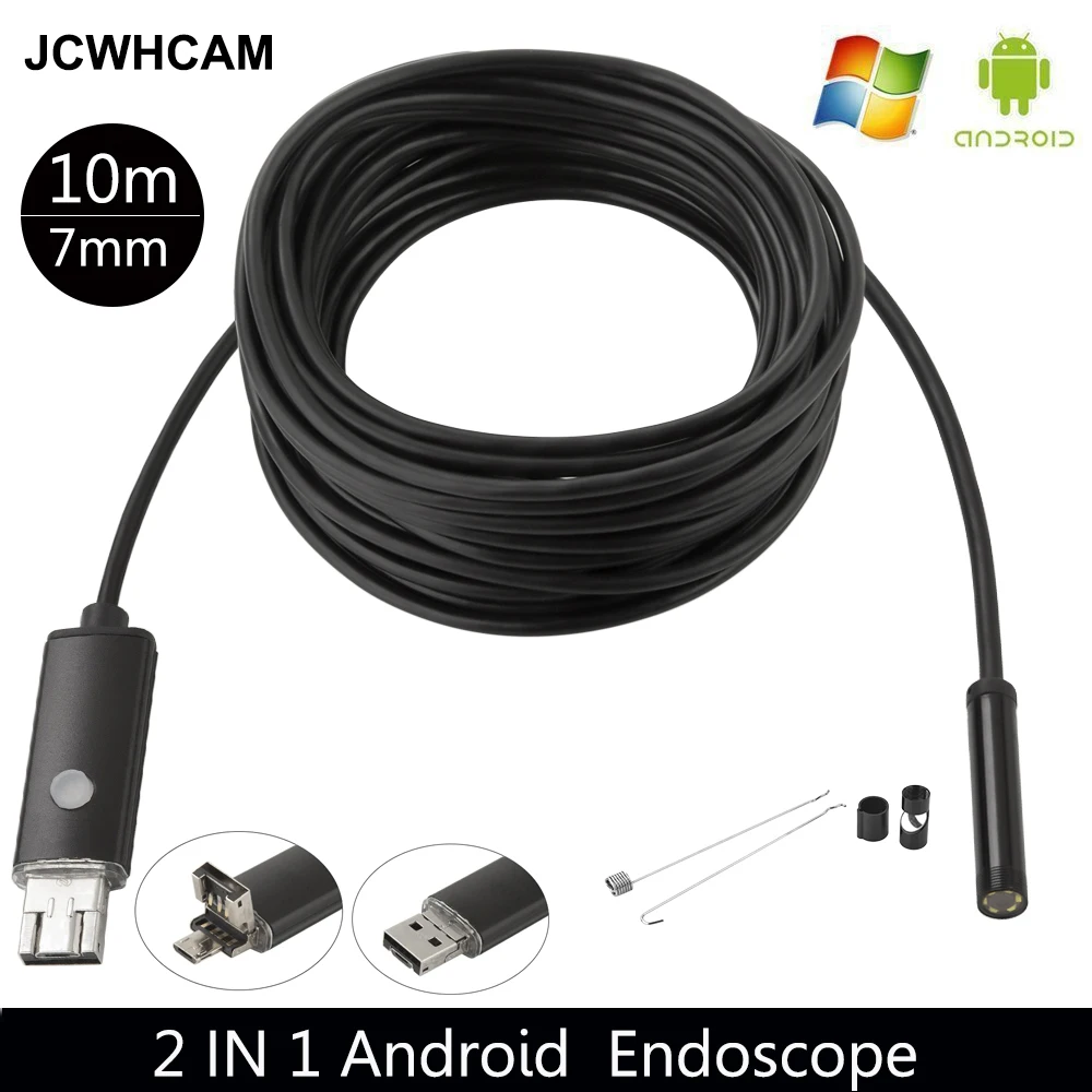 JCWHCAM 7 мм USB эндоскоп Android камера 2 м/5 м/10 м змеиная труба водонепроницаемый смартфон ПК эндоскоп инспекционный бороскоп