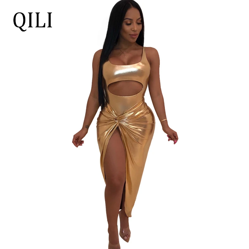 

QILI Women Bronzing Dress Sexy Hollow Out Sleeveless Cross Split Dresses Elegant Lady Long Dress Gold Silver Plus Size