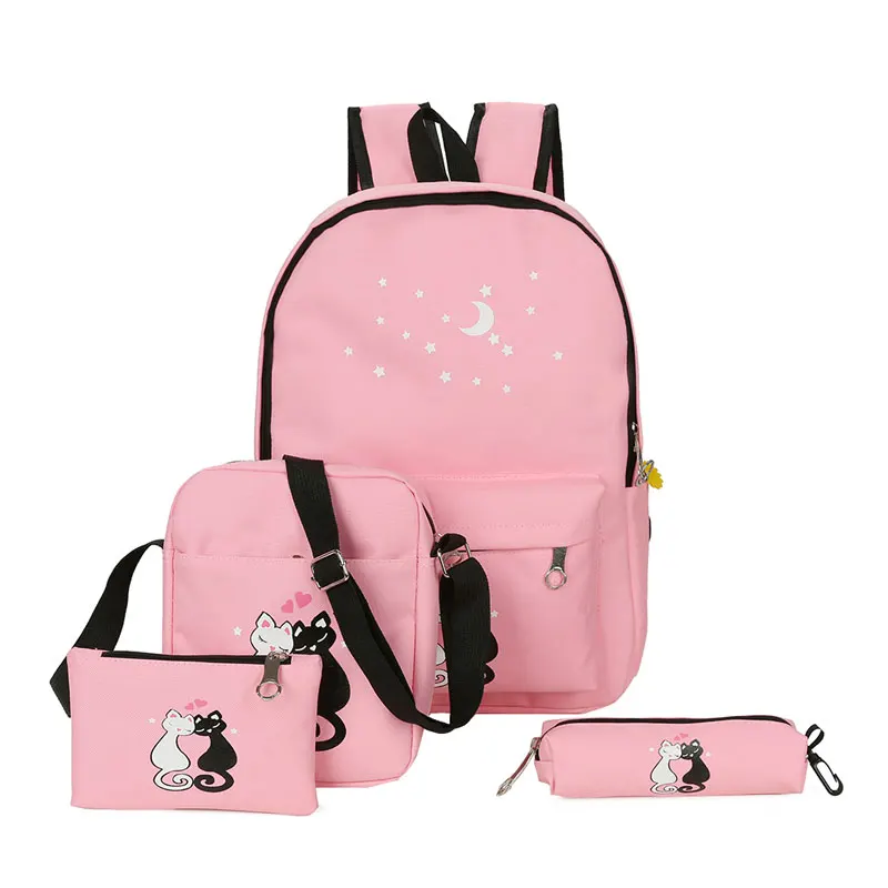 

Brand 4Pcs/set Canvas Women Backpacks Shoolbags Printing Cute Cat School Bags Backpacks For Teenager Girls Travel Bag Female