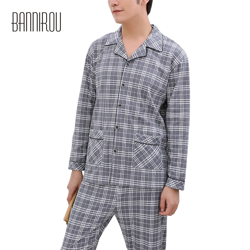 Мужские пижамы наборы 100% хлопок полный простой плед серый пуговицы для кардигана высокое качество Демисезонный мужской домашняя одежда