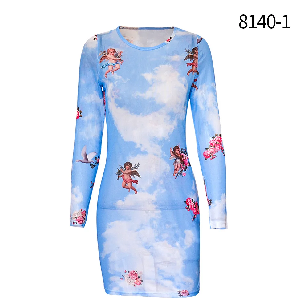 Новое дизайнерское Сетчатое женское платье голубого цвета с принтом ангела, с круглым вырезом, с длинным рукавом, мини-сарафан, женское сексуальное тонкое платье