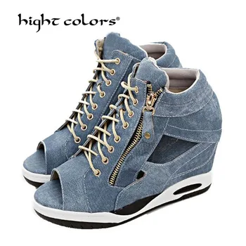 

Summer 2019 Women Platforms Canvas Round Toe Inside Heighten Lace-Up Increased Internal Pumps Peep Toe Casual Shoes Woman Ta935