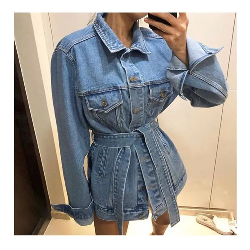 

4 Colors Spring Women's Casual Long Sleeve Belt Denim Jakcet Turn-down collar Retro Tie Waist Jeans Jakcet