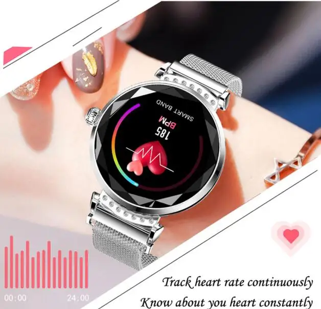 Новейшая мода H2 Смарт-часы для женщин 3D алмазное стекло сердечный ритм кровяное давление монитор сна лучший подарок умные часы