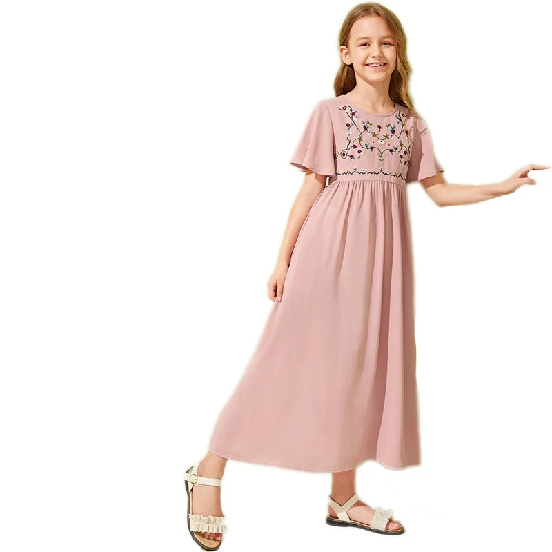SHEIN/Детское платье для отдыха для девочек с вышивкой спереди и пуговицами; коллекция года; летние длинные платья трапециевидной формы с рукавом-бабочкой в стиле бохо для детей