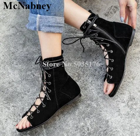 

2019 Summer New Peep Toe Cross Strap Flat Bottom European And American Style Simple Women Shoes Fashion Cool Boots Temperament