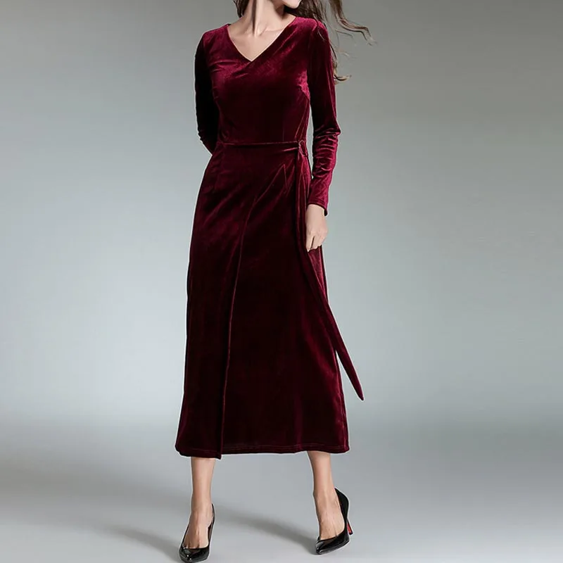 Elegant V Neck Velour Dress 2018 Vintage Velvet Dress Long Sleeve