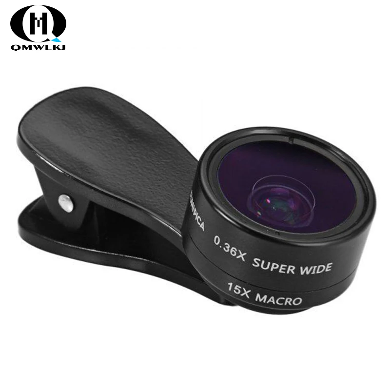 

2in1Mini Clip-on Optic Cell Phone Camera Lens 0.36X wide angle + 15X macro phone lens for iPhone Xs Max Huawei P20 Pro Samsung