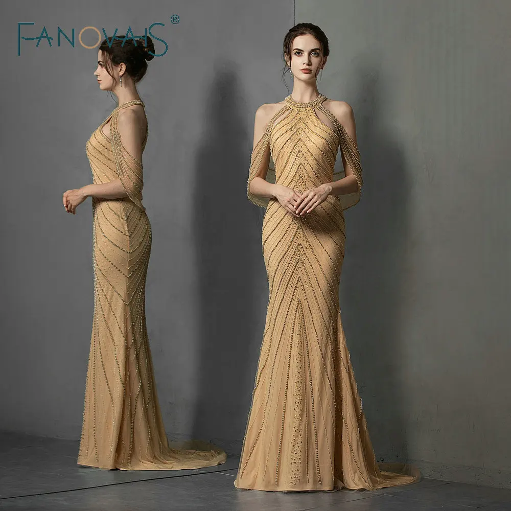 

Golden Arabic Evening Dresses Long Luxury Beads Prom Dress 2019 Robe de Soiree abiye gece elbisesi Formal Dress Party