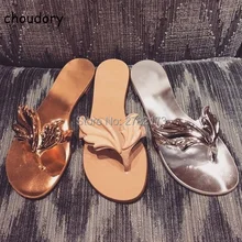 Gold Angel Wings Leaf Casual Women Slippers Shoes Rome Style Lady Flats Sandals Shoes Open Toe Flip flops Shoes Leather Shoes
