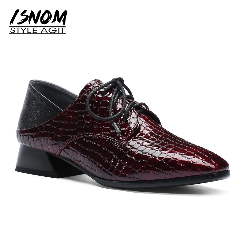 

ISNOM Printing Low Heels Women Pumps Autumn Square Heels Shoes Adult Lace Up 2018 New Footwear Fashion Casual Female Mules Shoes