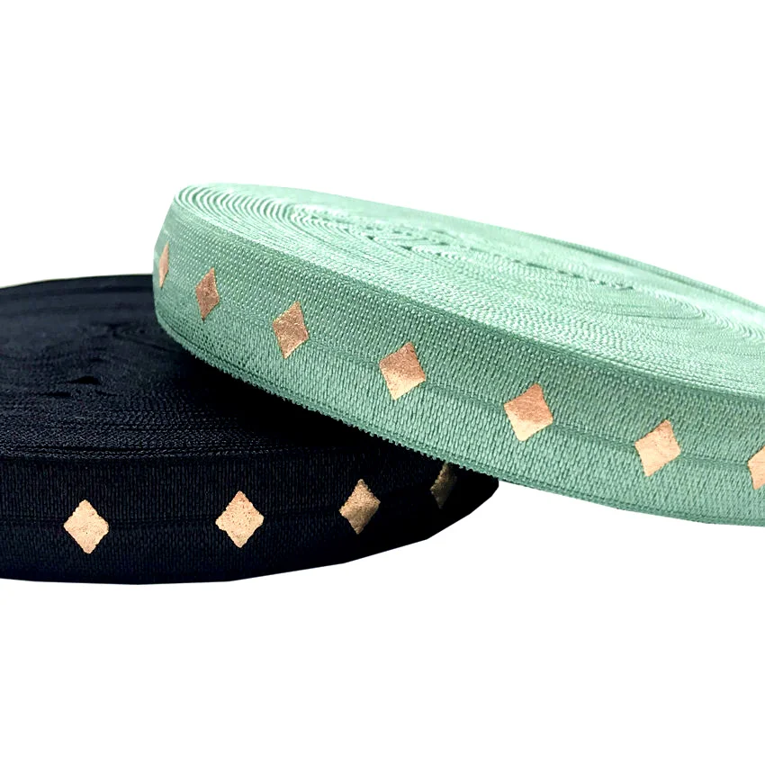 

2 Colors Choose Gold Foil Rhombus Aztec Fold Over Elastic Geometric Print 5/8'' FOE Ribbon For Elastic Hair Band Hair Accessory