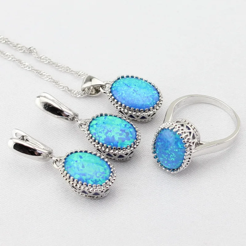 Charms Vintage Imitated Blue Opal Women Jewelry Sets Silver Plated