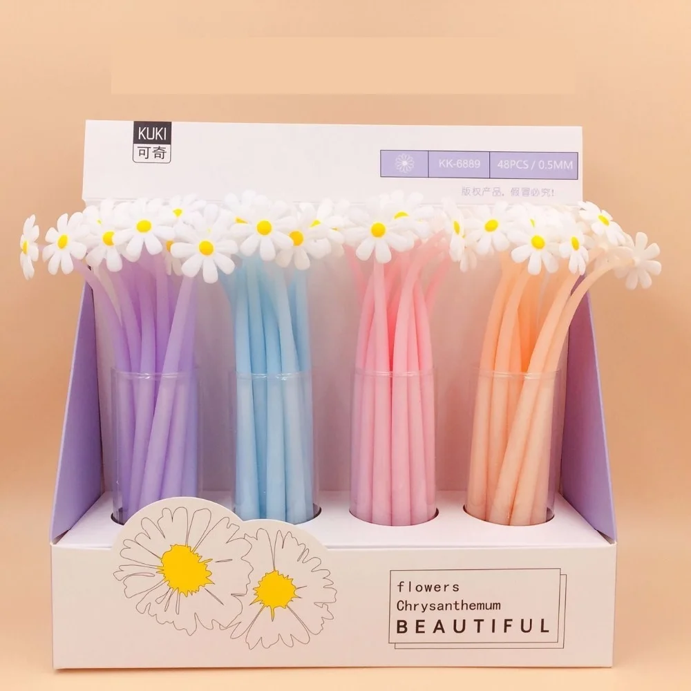 

48pcs/lot 0.5mm Black Ink Chrysanthemum Plant Flowers Silicone Gel Pen Water Ink Roller Ball Pens Office School Supplies