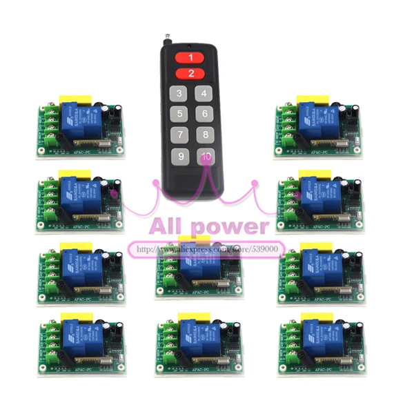 

RF 315Mhz/433Mhz 10 Receivers+1Transmitter 220V 1CH 30A Wireless Remote Control Power Switch System For Home Smart Control
